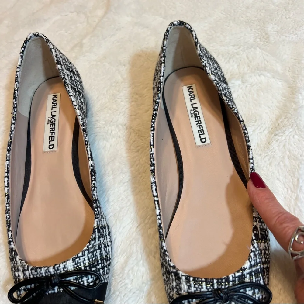 Karl Lagerfeld Black and White Pearl And Tweed Bow Ballet Flats - Picture 9 of 9